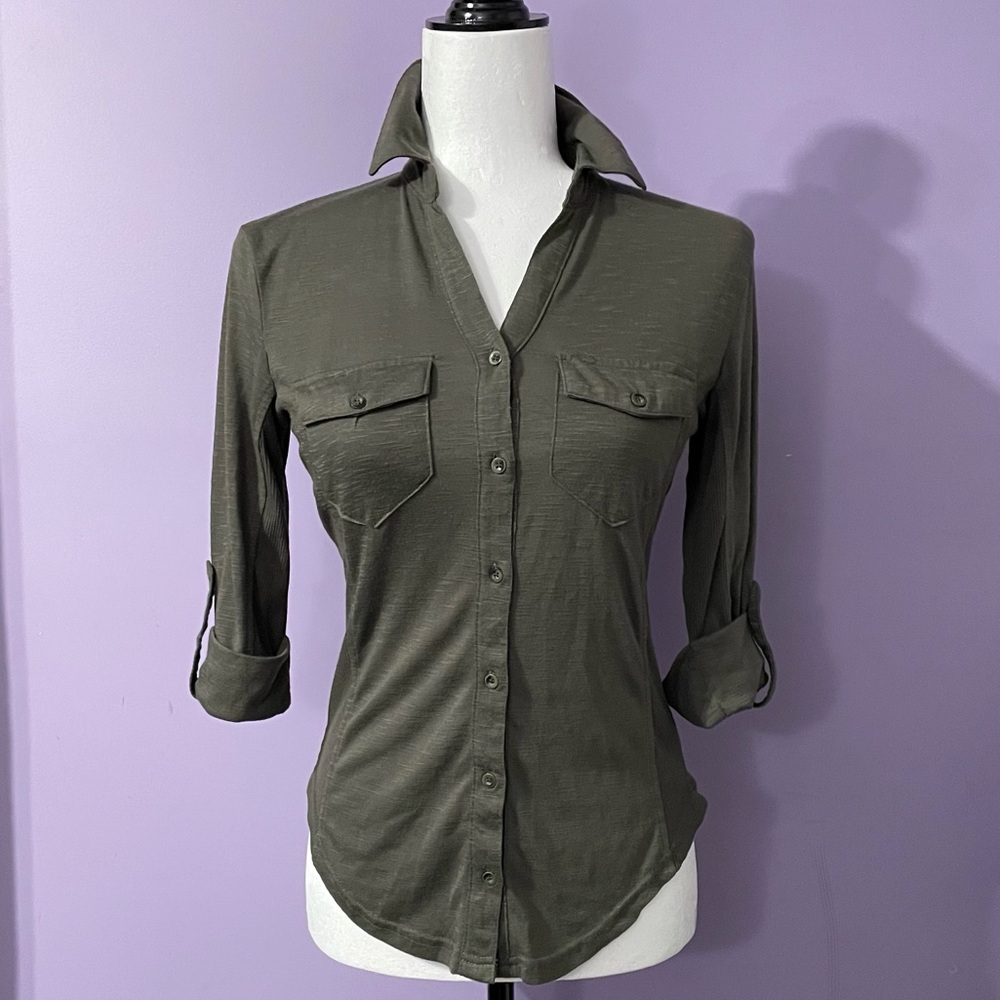 Sexy Form Fitting Olive Button-Down Shirt for Women